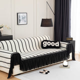 Leaf Stripe Sofa Cover with Black Sheer Skirt, Boho Soft Couch Slipcover for Pets - Ornate Home