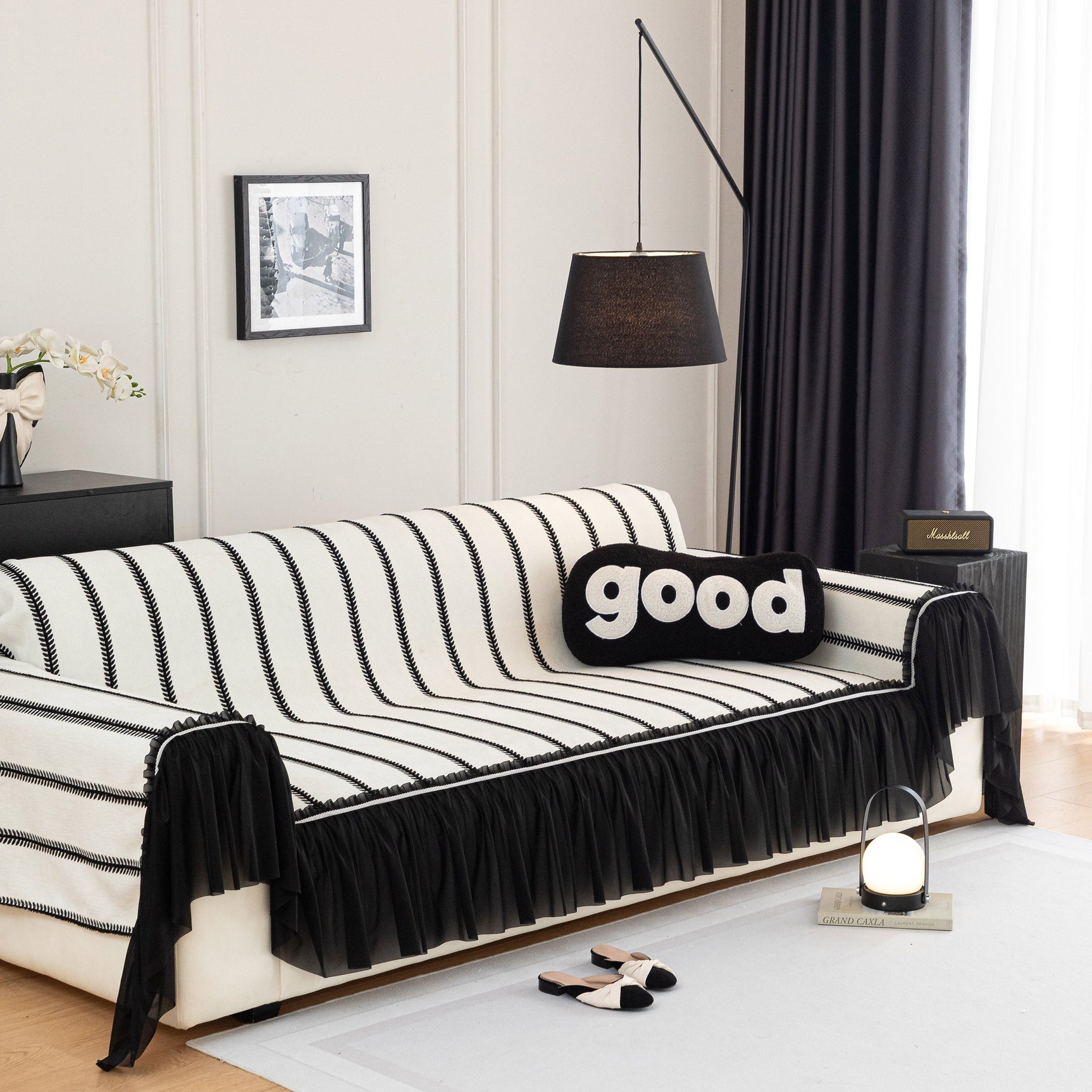Leaf Stripe Sofa Cover with Black Sheer Skirt, Boho Soft Couch Slipcover for Pets - Ornate Home