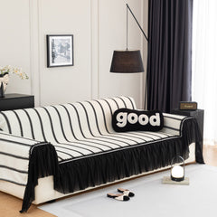 Leaf Stripe Sofa Cover with Black Sheer Skirt, Boho Soft Couch Slipcover for Pets - Ornate Home