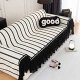 Leaf Stripe Sofa Cover with Black Sheer Skirt, Boho Soft Couch Slipcover for Pets - Ornate Home