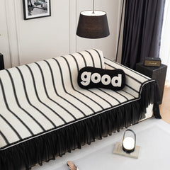 Leaf Stripe Sofa Cover with Black Sheer Skirt, Boho Soft Couch Slipcover for Pets - Ornate Home