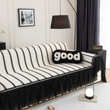Leaf Stripe Sofa Cover with Black Sheer Skirt, Boho Soft Couch Slipcover for Pets - Ornate Home