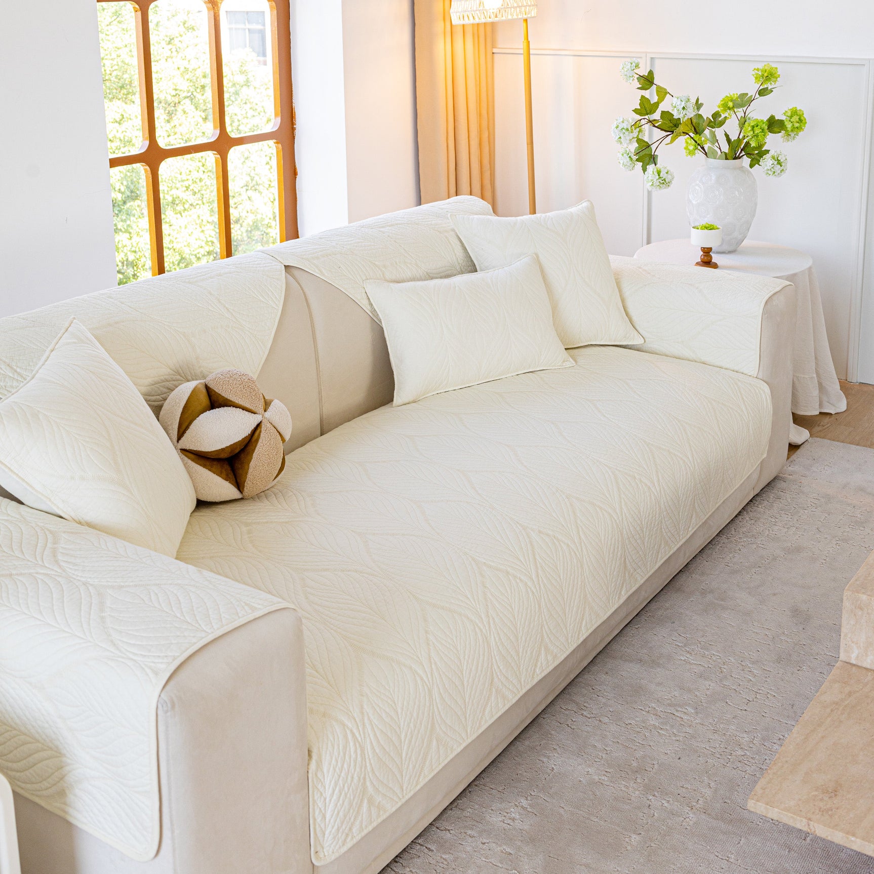 Leaf Vein Textured Cotton Quilted Sofa Slipcover, Non-Slip Modular Couch Covers - Ornate Home