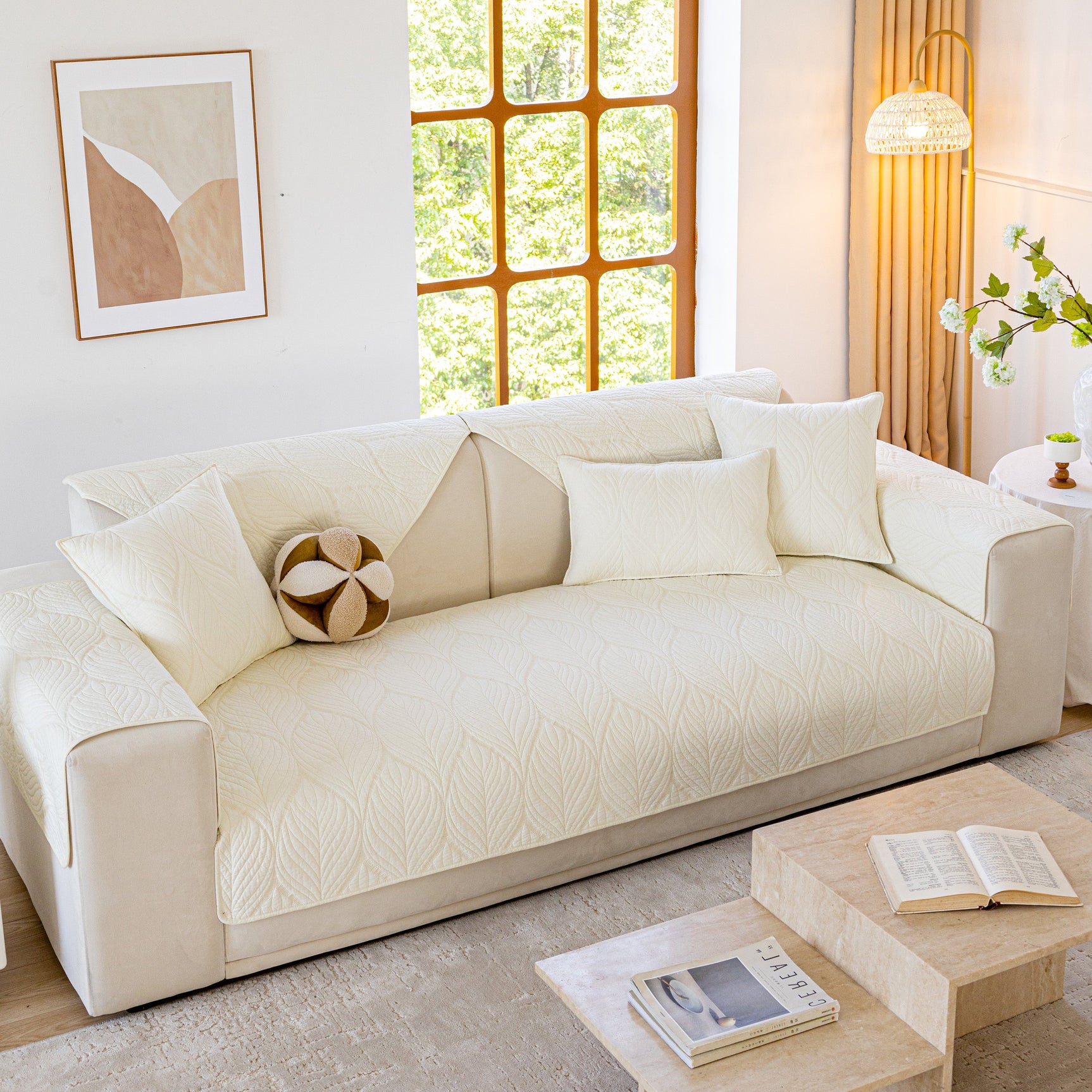 Leaf Vein Textured Cotton Quilted Sofa Slipcover, Non-Slip Modular Couch Covers - Ornate Home