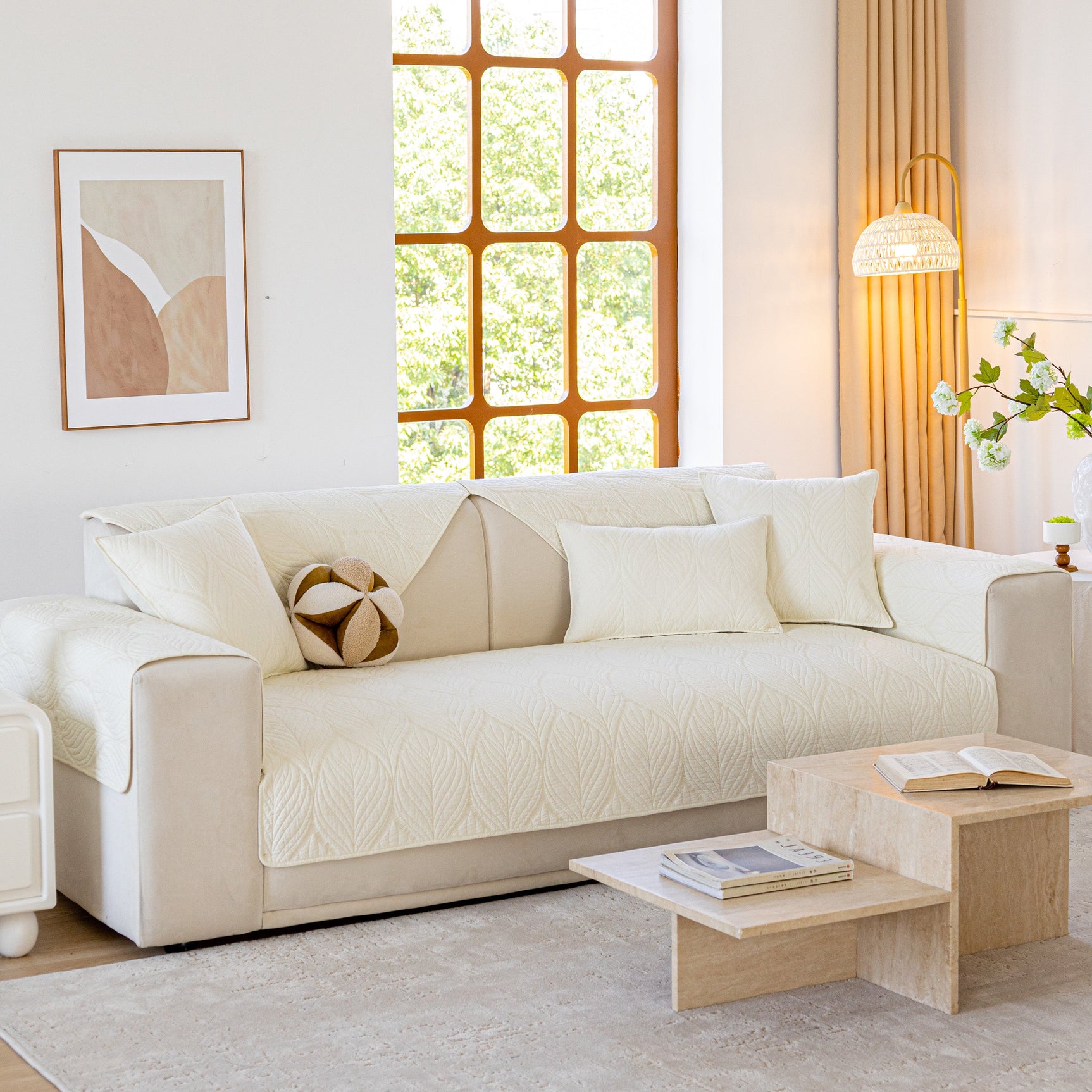 Leaf Vein Textured Cotton Quilted Sofa Slipcover, Non-Slip Modular Couch Covers - Ornate Home