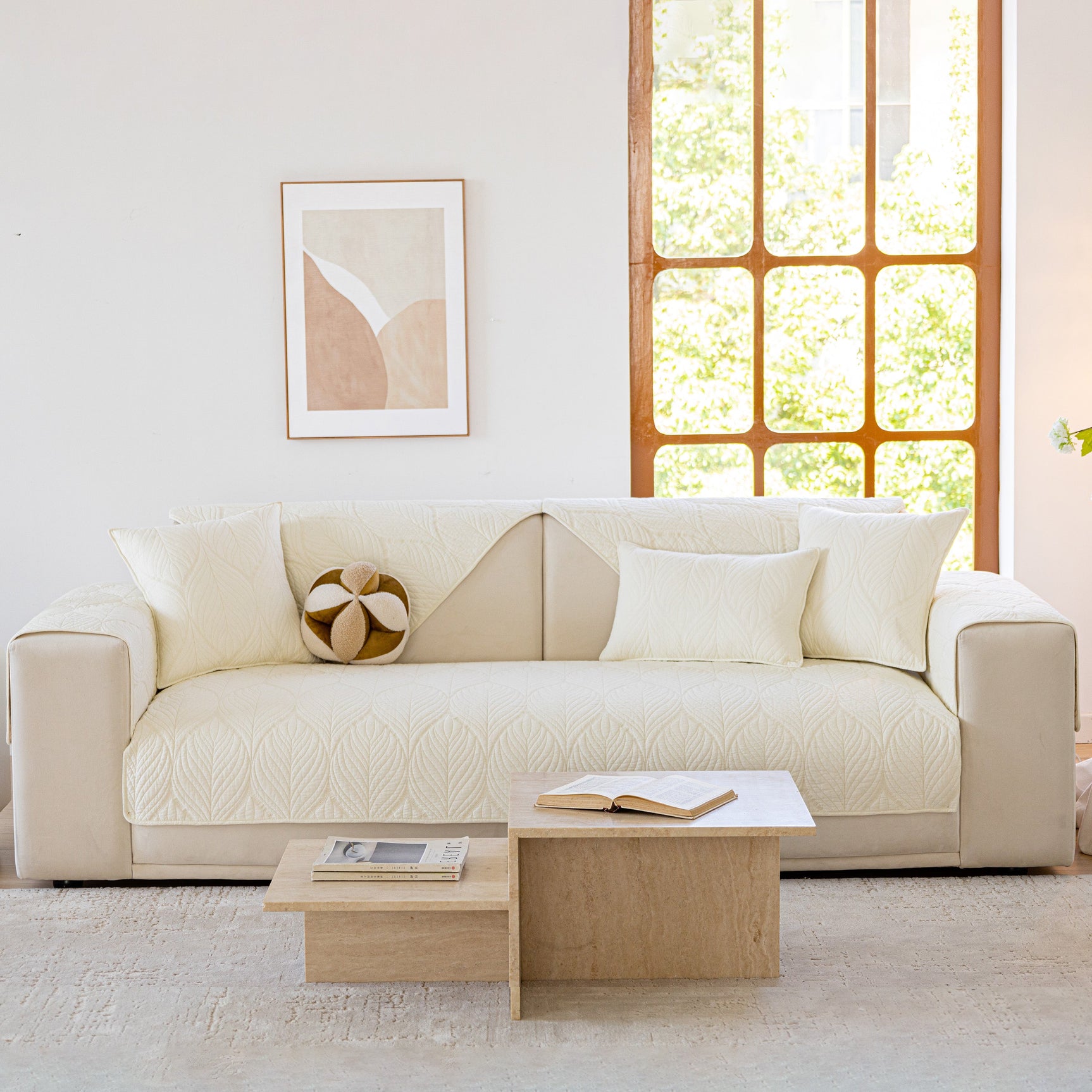 Leaf Vein Textured Cotton Quilted Sofa Slipcover, Non-Slip Modular Couch Covers - Ornate Home