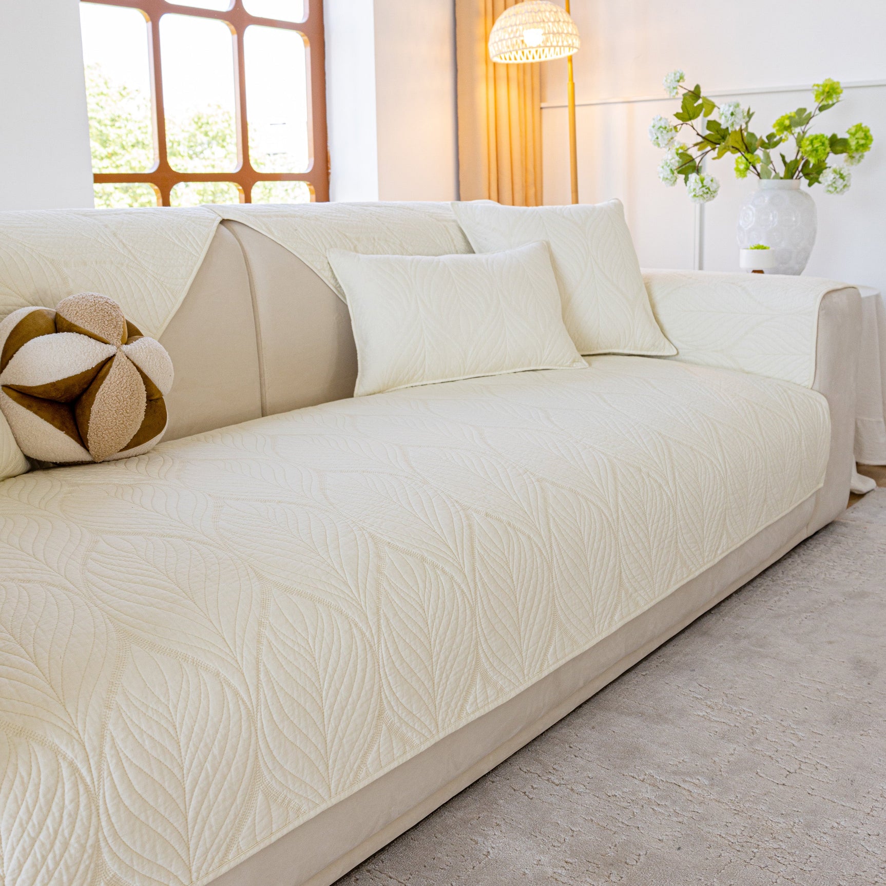 Leaf Vein Textured Cotton Quilted Sofa Slipcover, Non-Slip Modular Couch Covers - Ornate Home