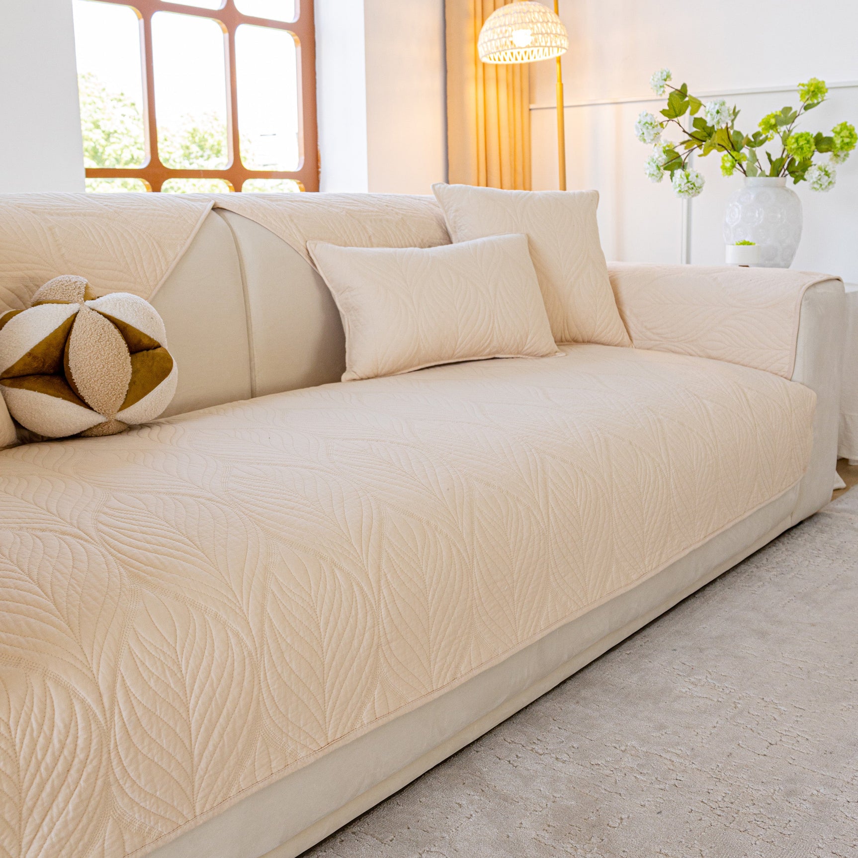 Leaf Vein Textured Cotton Quilted Sofa Slipcover, Non-Slip Modular Couch Covers - Ornate Home