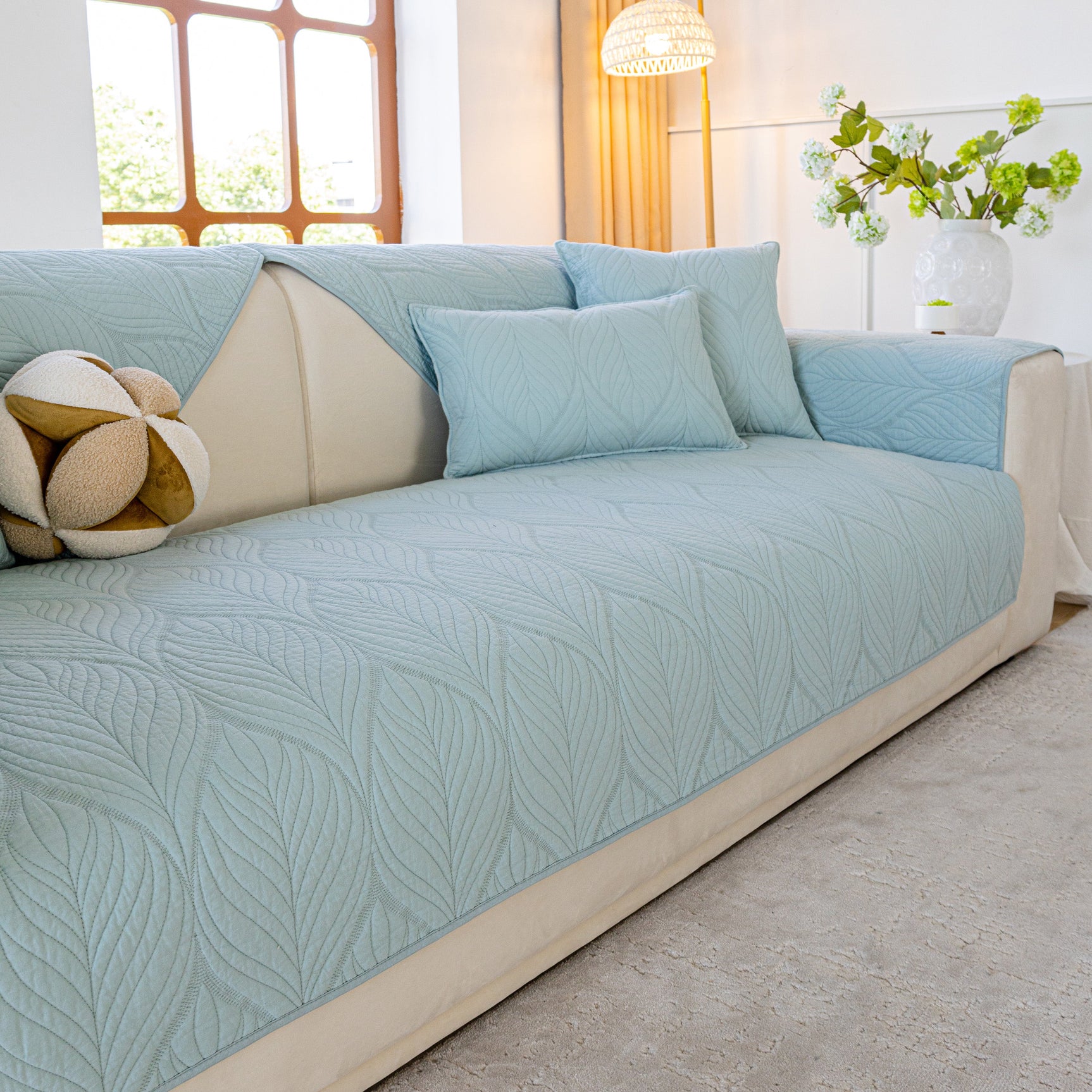 Leaf Vein Textured Cotton Quilted Sofa Slipcover, Non-Slip Modular Couch Covers - Ornate Home