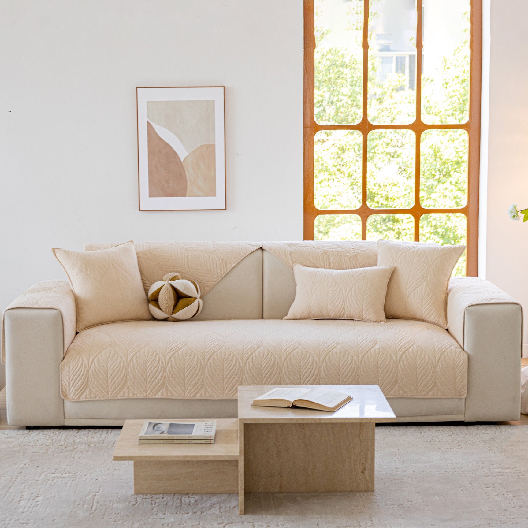 Leaf Vein Textured Cotton Quilted Sofa Slipcover, Non-Slip Modular Couch Covers - Ornate Home