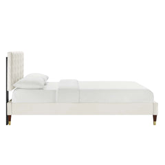 Leah White Chevron Tufted Performance Velvet Full Platform Bed - 81.5x57.5" - Ornate Home