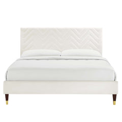 Leah White Chevron Tufted Performance Velvet Full Platform Bed - 81.5x57.5" - Ornate Home