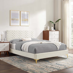 Leah White Chevron Tufted Performance Velvet Full Platform Bed - 81.5x57.5x35" - Ornate Home