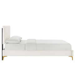 Leah White Chevron Tufted Performance Velvet Full Platform Bed - 81.5x57.5x35" - Ornate Home
