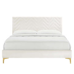 Leah White Chevron Tufted Performance Velvet Full Platform Bed - 81.5x57.5x35" - Ornate Home