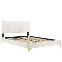 Leah White Chevron Tufted Performance Velvet Full Platform Bed - 81.5x57.5x35" - Ornate Home
