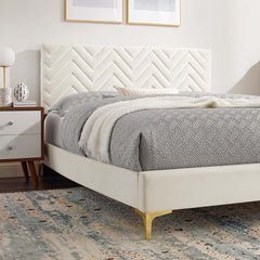 Leah White Chevron Tufted Performance Velvet Full Platform Bed - 81.5x57.5x35" - Ornate Home