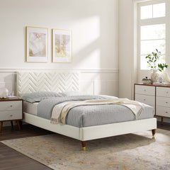 Leah White Chevron Tufted Performance Velvet Queen Platform Bed - 87x63.5" - Ornate Home