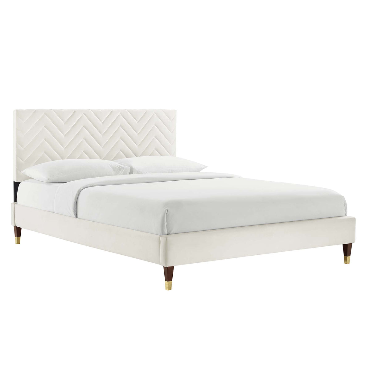 Leah White Chevron Tufted Performance Velvet Queen Platform Bed - 87x63.5" - Ornate Home