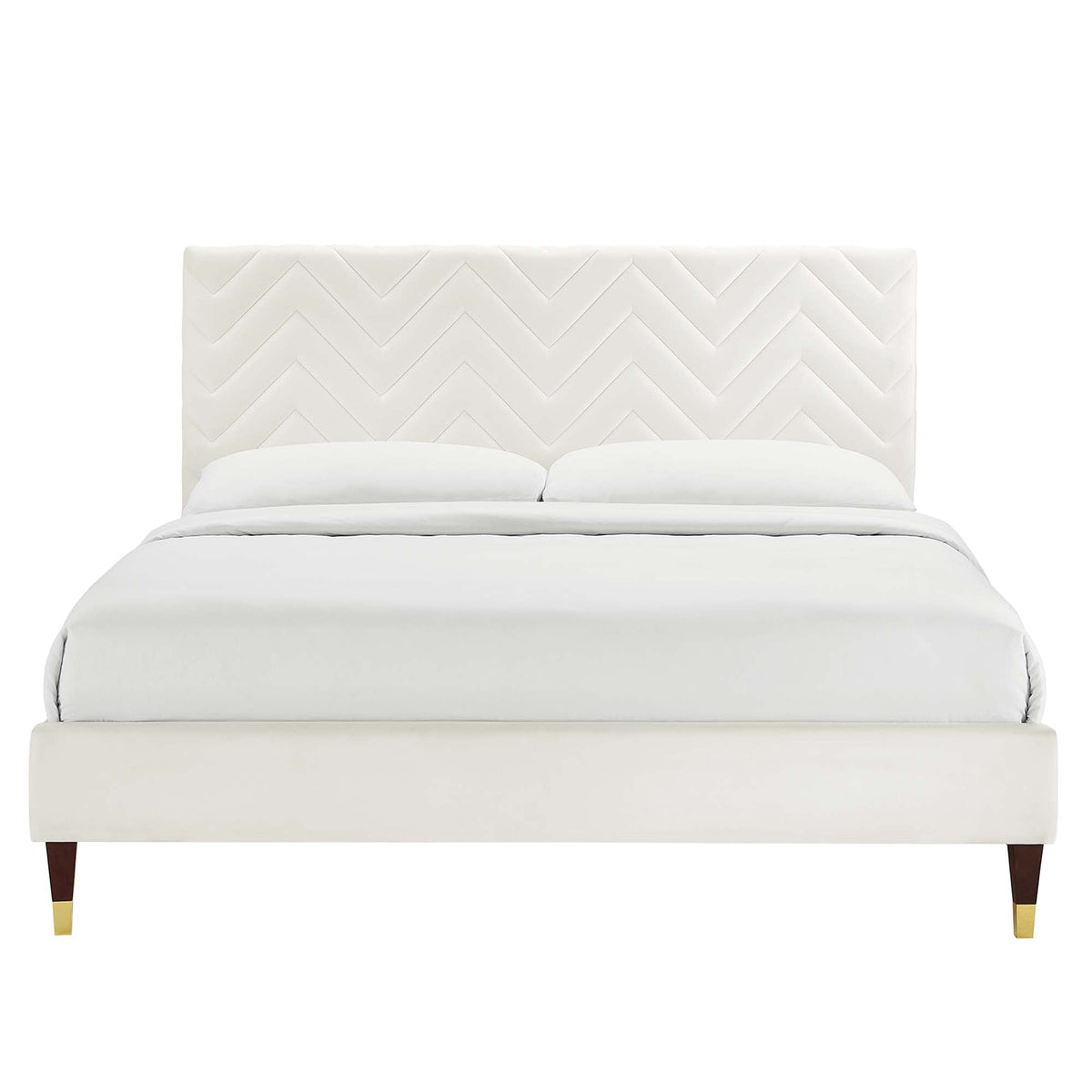Leah White Chevron Tufted Performance Velvet Queen Platform Bed - 87x63.5" - Ornate Home