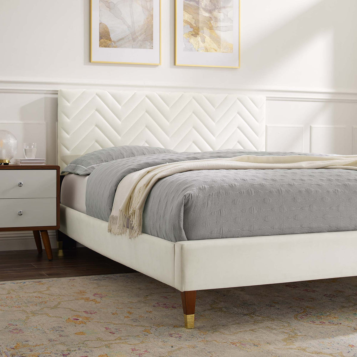 Leah White Chevron Tufted Performance Velvet Queen Platform Bed - 87x63.5" - Ornate Home