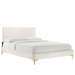 Leah White Chevron Tufted Performance Velvet Queen Platform Bed - 87x63.5x12.5" - Ornate Home