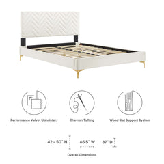 Leah White Chevron Tufted Performance Velvet Queen Platform Bed - 87x63.5x12.5" - Ornate Home
