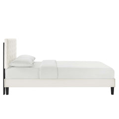 Leah White Tapered Wood Leg Chevron Tufted Performance Velvet Full Platform Bed - Ornate Home