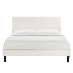 Leah White Tapered Wood Leg Chevron Tufted Performance Velvet Full Platform Bed - Ornate Home