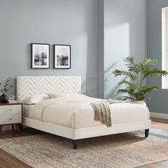 Leah White Tapered Wood Leg Chevron Tufted Performance Velvet Queen Platform Bed - Ornate Home