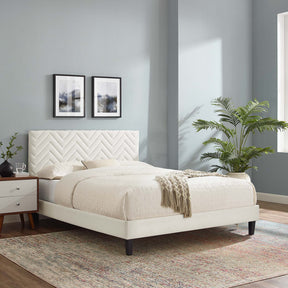 Leah White Tapered Wood Leg Chevron Tufted Performance Velvet Queen Platform Bed - Ornate Home