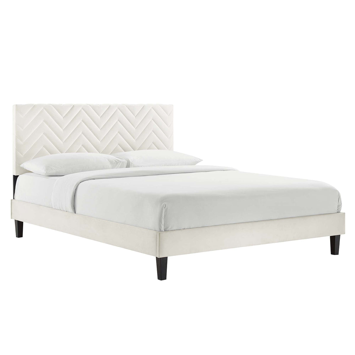 Leah White Tapered Wood Leg Chevron Tufted Performance Velvet Queen Platform Bed - Ornate Home