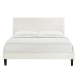 Leah White Tapered Wood Leg Chevron Tufted Performance Velvet Queen Platform Bed - Ornate Home