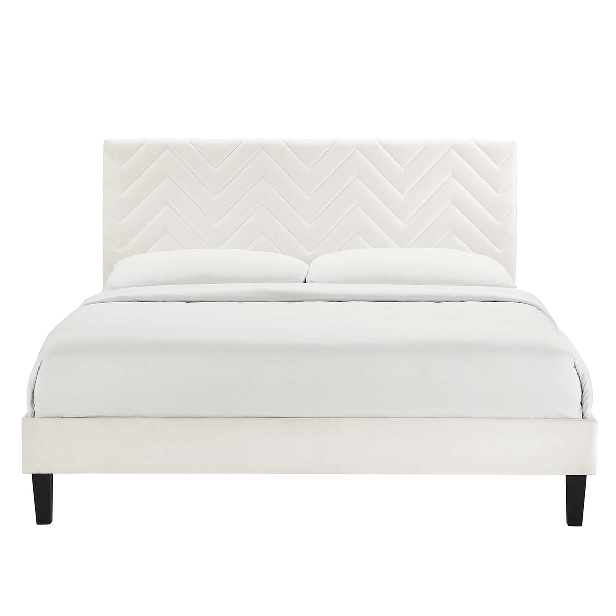 Leah White Tapered Wood Leg Chevron Tufted Performance Velvet Queen Platform Bed - Ornate Home