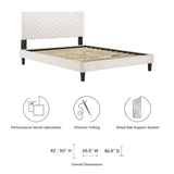 Leah White Tapered Wood Leg Chevron Tufted Performance Velvet Queen Platform Bed - Ornate Home