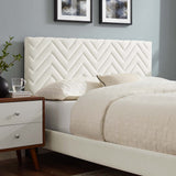 Leah White Tapered Wood Leg Chevron Tufted Performance Velvet Queen Platform Bed - Ornate Home