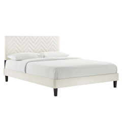 Leah White Tapered Wood Leg Chevron Tufted Performance Velvet Twin Platform Bed - Ornate Home