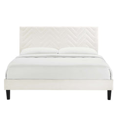 Leah White Tapered Wood Leg Chevron Tufted Performance Velvet Twin Platform Bed - Ornate Home