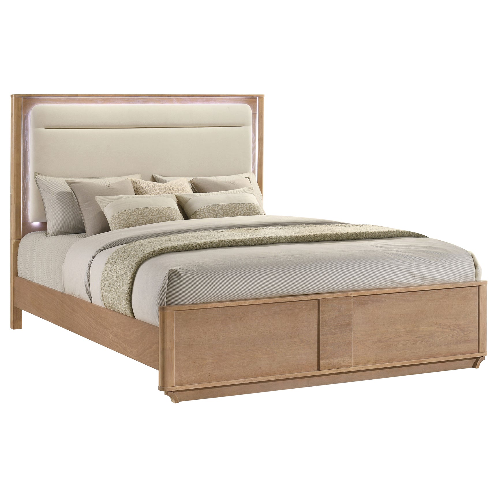 Leanne Off White/Light Oak Eastern King LED Panel Bed - Ornate Home