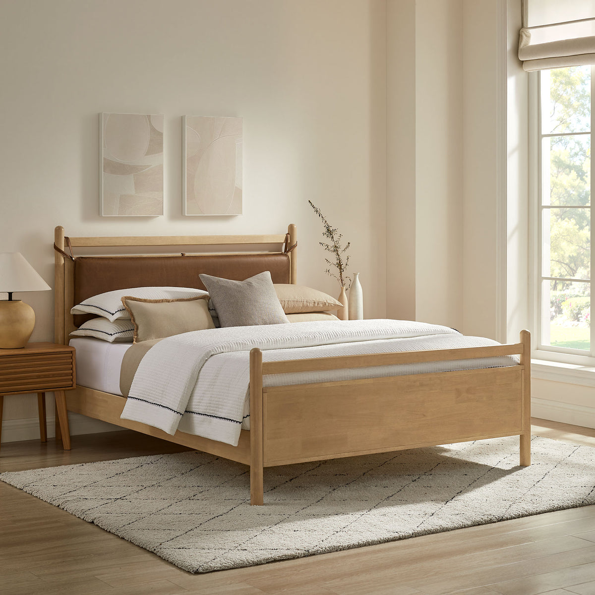 Leni Light Oak/Canyon Full Size Vegan Leather and Wood Platform Bed Frame - Ornate Home