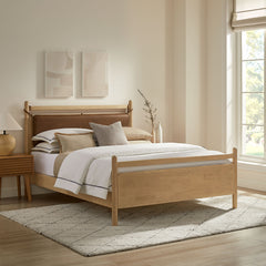 Leni Light Oak/Canyon King Size Vegan Leather and Wood Platform Bed Frame - Ornate Home