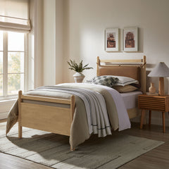 Leni Light Oak/Canyon Twin Size Vegan Leather and Wood Platform Bed Frame - Ornate Home