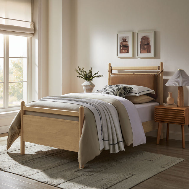 Leni Light Oak/Canyon Twin Size Vegan Leather and Wood Platform Bed Frame - Ornate Home