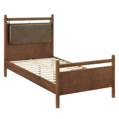 Leni Walnut/Mushroom Twin Size Vegan Leather and Wood Platform Bed Frame - Ornate Home
