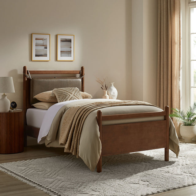 Leni Walnut/Mushroom Twin Size Vegan Leather and Wood Platform Bed Frame - Ornate Home