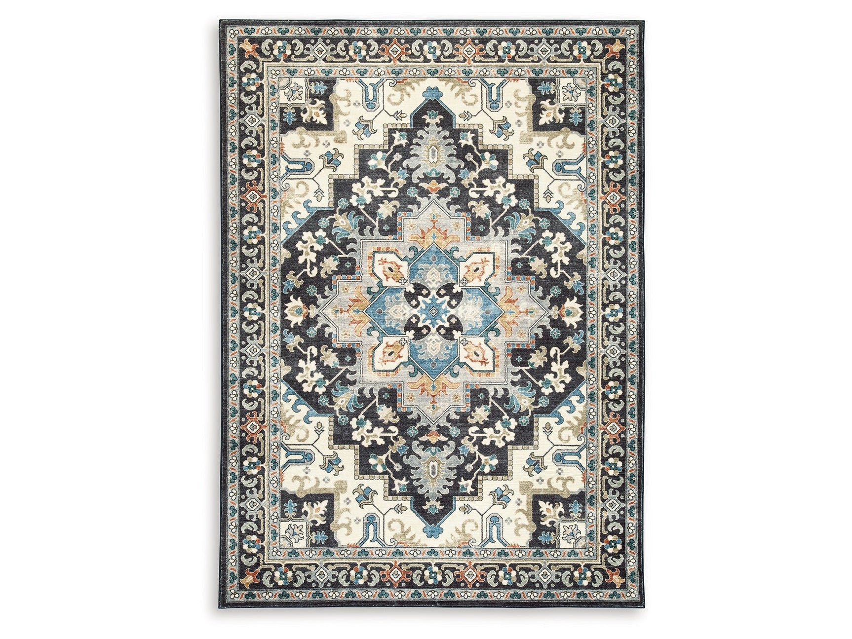 Leningston Black/Cream/Blue 5' x 7' Washable Rug - Ornate Home