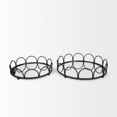 Lenore Black Round Metal/Mirror Tray (Set of 2)