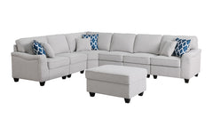 Leo Light Gray 125"W Linen 7-Piece Modular L-Shape Sectional Sofa with Ottoman - Ornate Home
