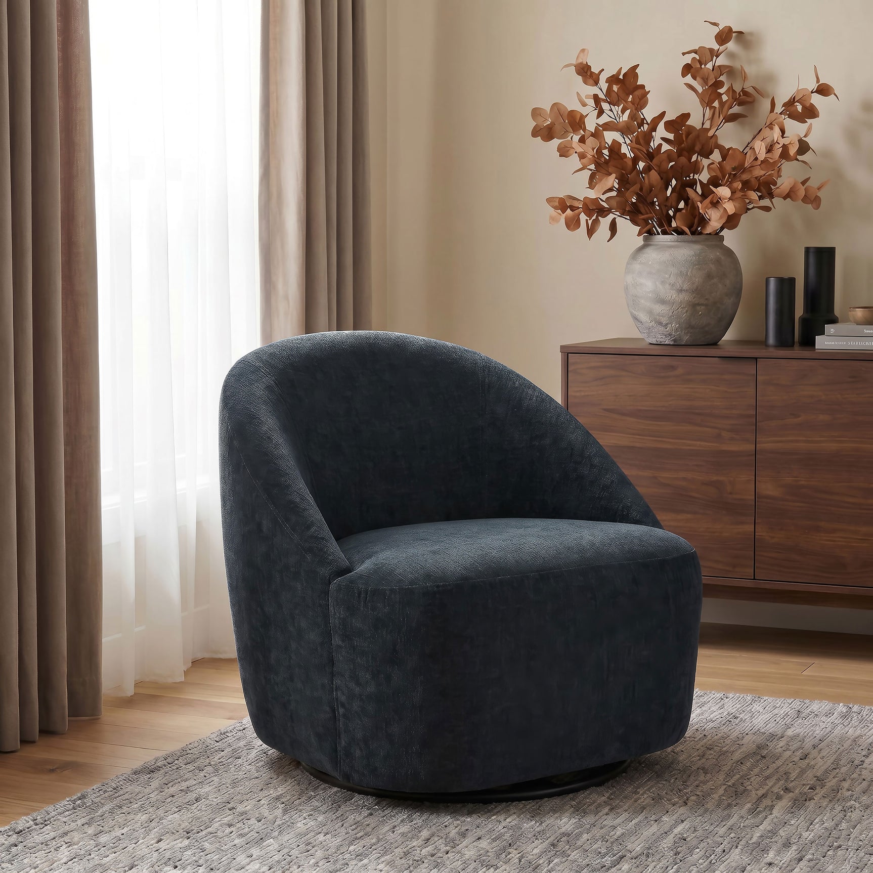 Leon Black Chenille Upholstered Swivel Accent Chair - Ornate Home