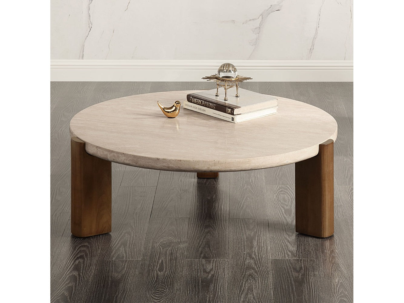 Leonardo Travertine Top/Dark Oak Coffee Table - Ornate Home